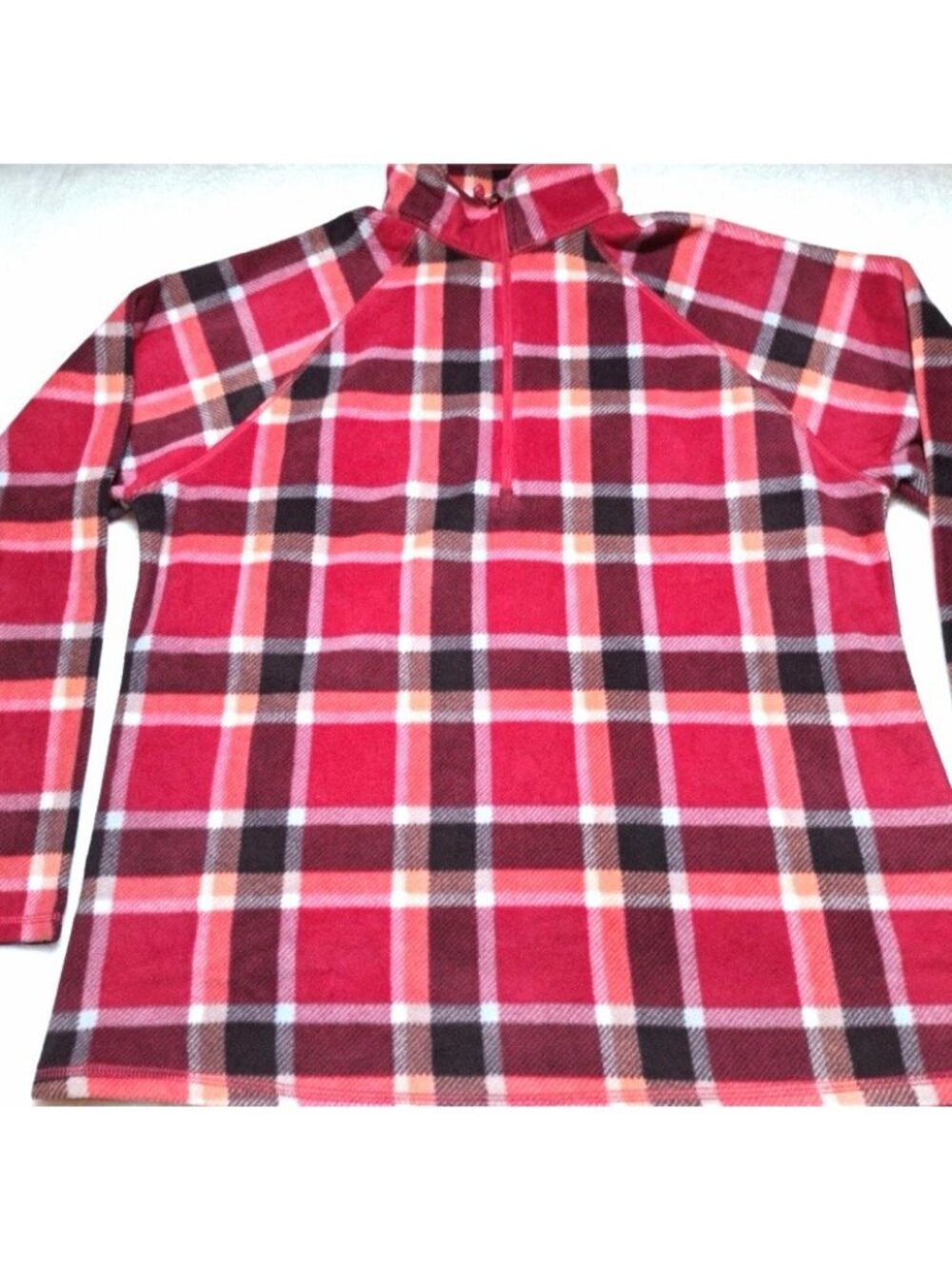 Eddie Bauer  Fleece Raglan Plaid Pullover 1/4 Zip Top Size Large